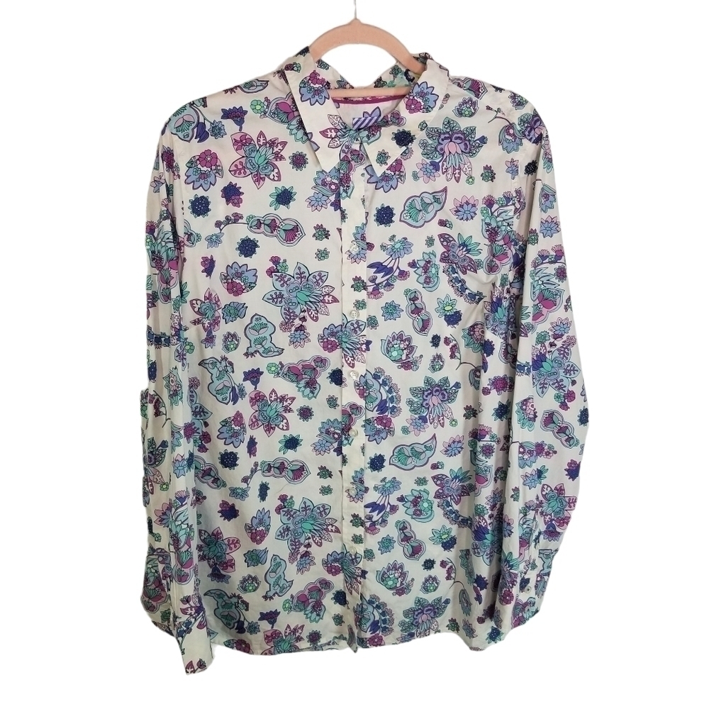 Talbots white paisley career button up shirt